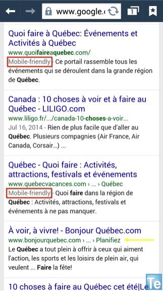 Résultats partiels de recherche sur mon smartphone pour “choses à faire au Québec”