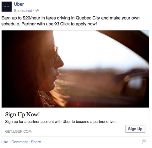 Publicité du service UberX sur Facebook